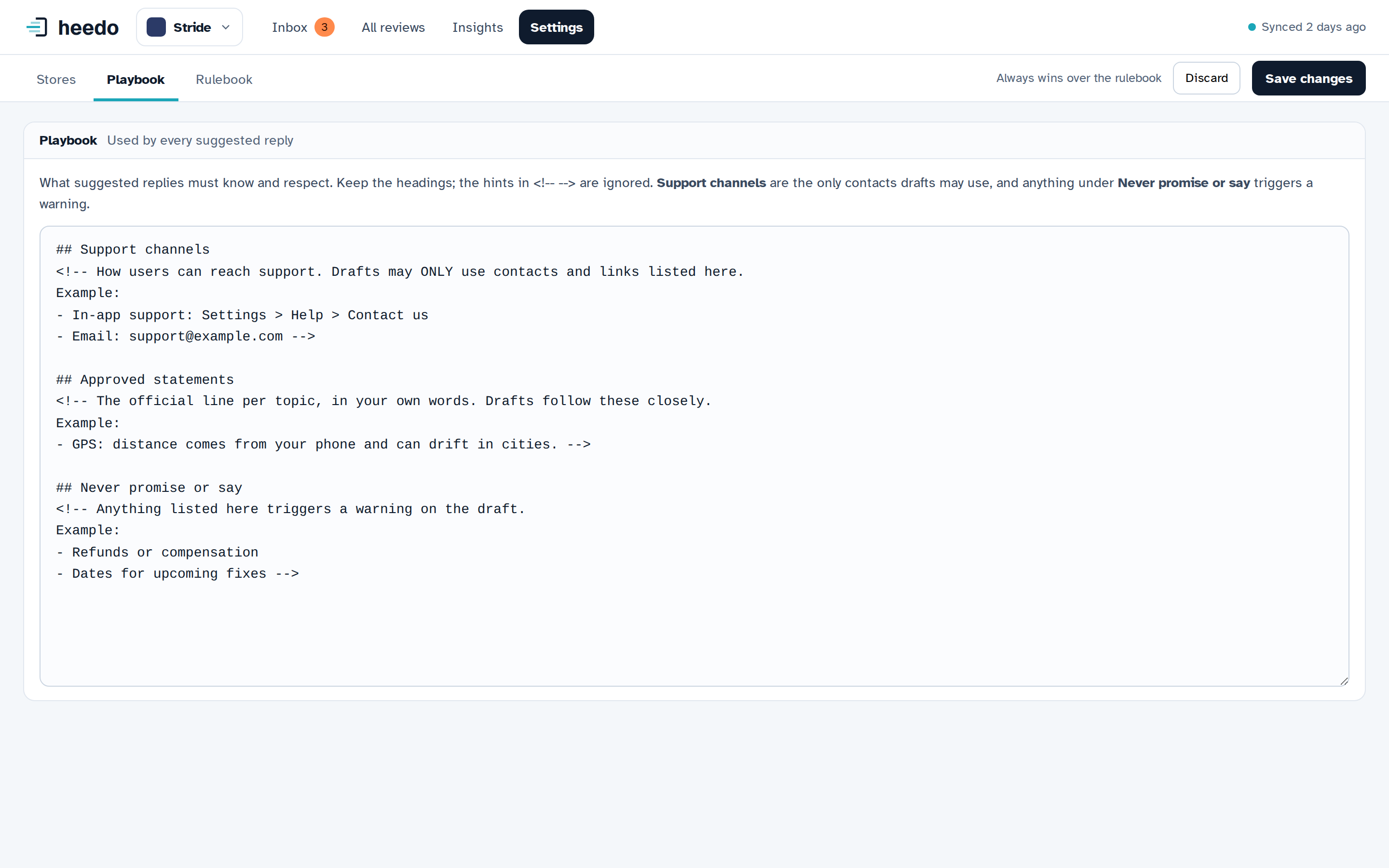 Heedo playbook settings, a plain-text page listing support channels, approved statements and things never to say.